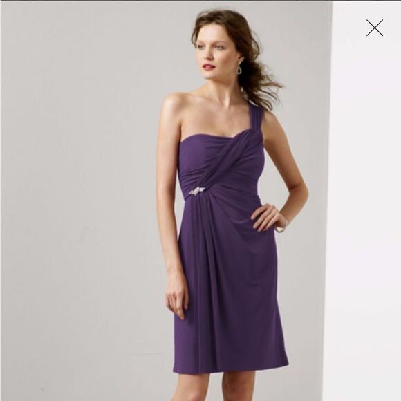 DAVID'S BRIDAL Blue one shoulder jersey dress with pleated cascade - Picture 1 of 7